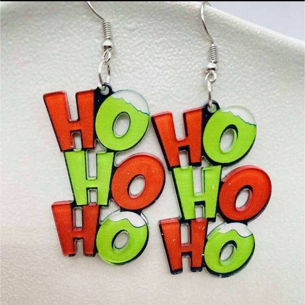 #51 Small Ho Ho Ho Christmas Red & Green Dangle Acrylic Earrings